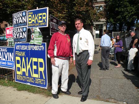 Savin Hill's 13-10: State Rep. Marty Walsh, right, and longtime activist Danny Ryan, left, campaigned for Frank Baker, who spent the day outside Florian Hall. Photo by Pat Tarantino